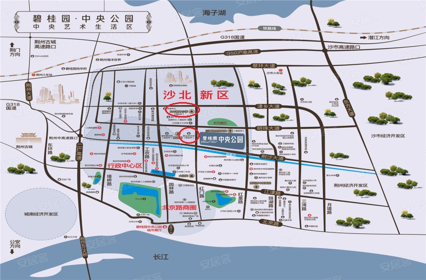 荆州中央公园的沙盘图显示沙北新区在规划两所中小学,如今沙市新三中